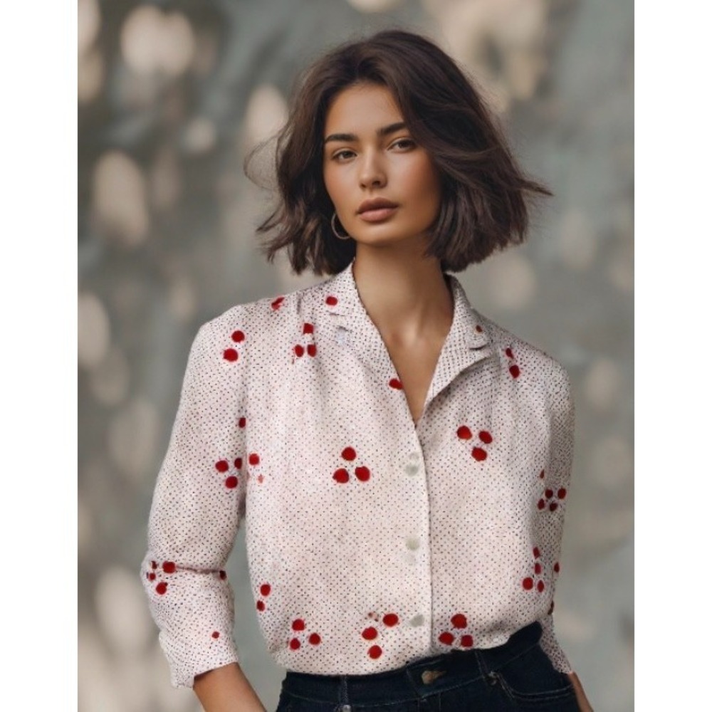 80 Levis Polka Dot Retro Blouse Large Red White Pearl Button Long Sleeve USA EUC